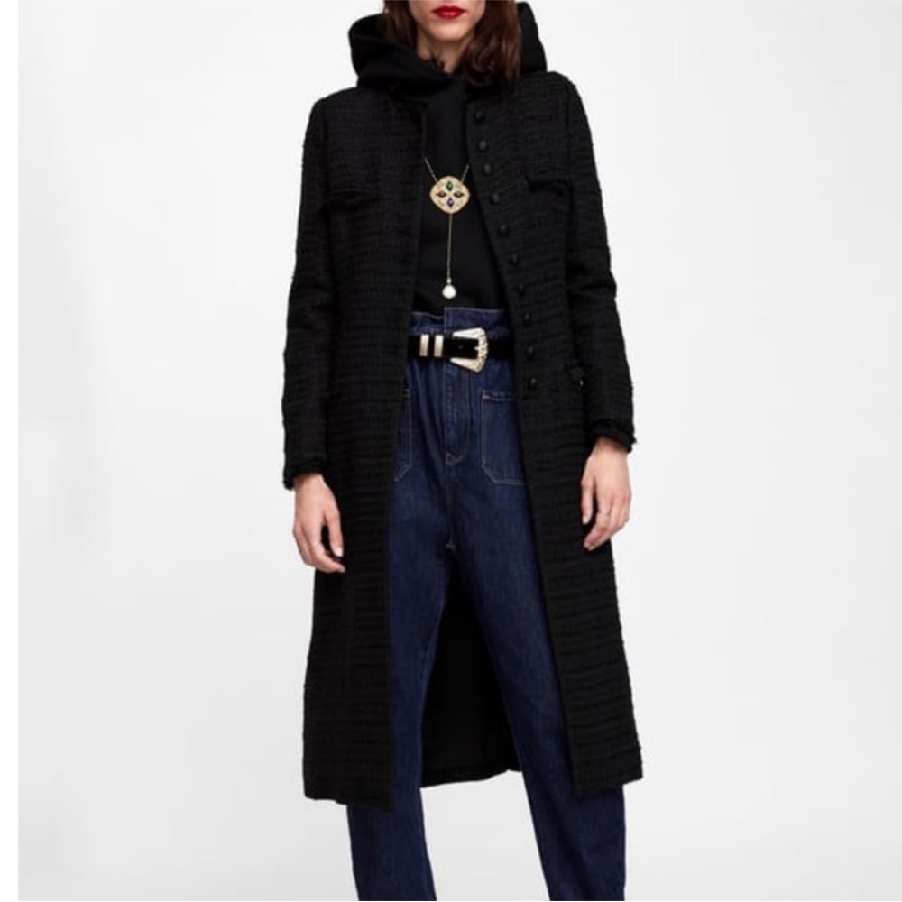 Black Long Coat with Button Details